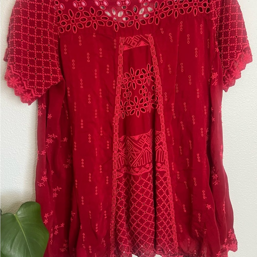 Johnny Was Red Embroidered Eyelet Blouse Boho Tunic Short Sleeve M - Picture 3 of 4